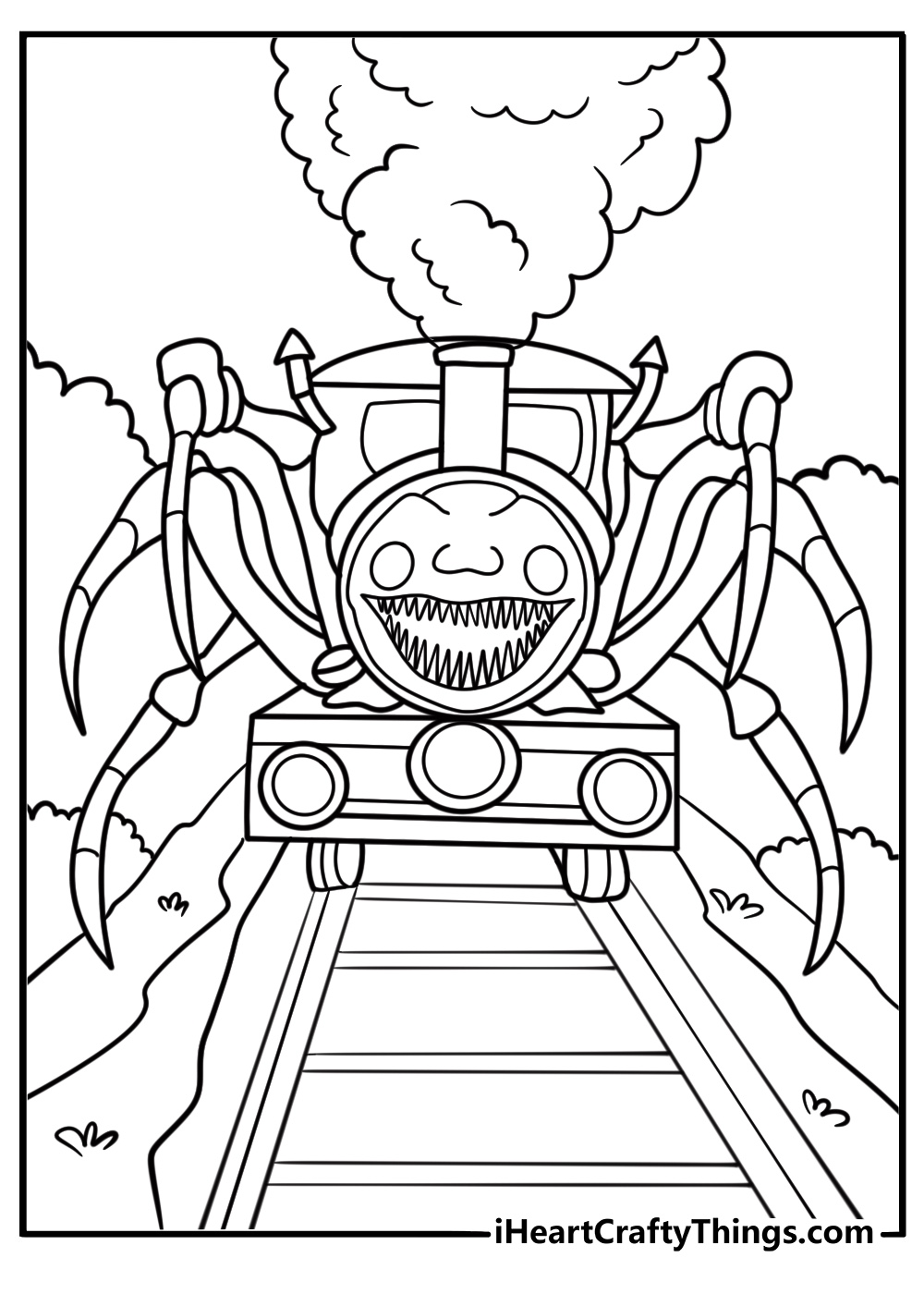 Choo Choo Charles with steam pouring from his smokestack coloring sheet