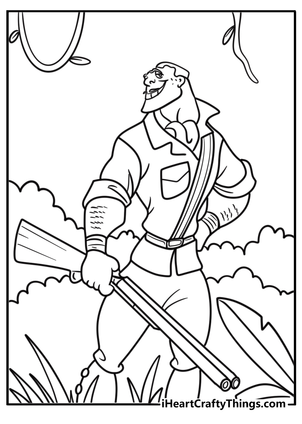 Clayton holding a rifle while hunting in the jungle coloring page