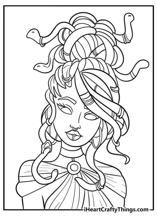 Close up of Medusa face with glowing eyes coloring page