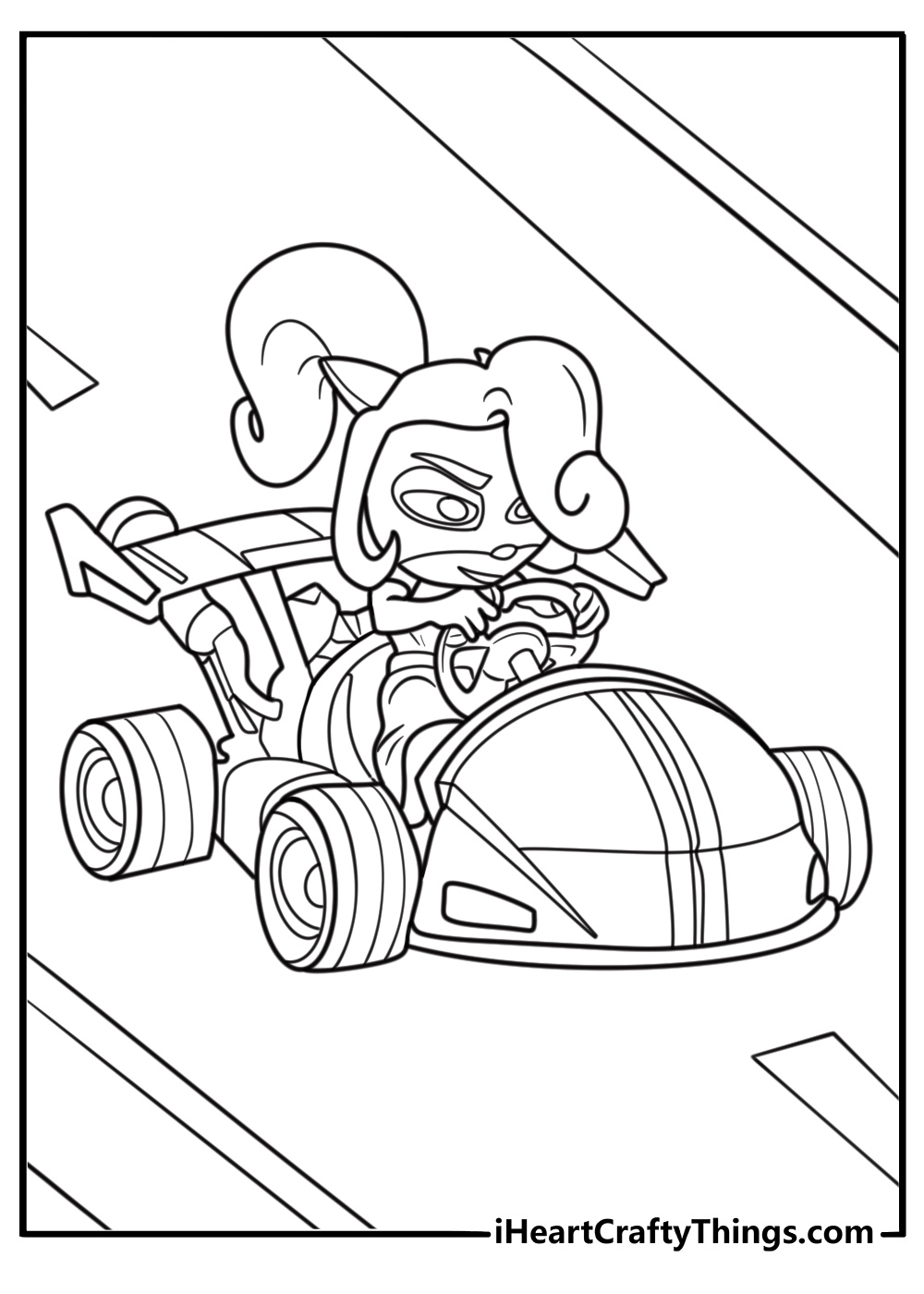 Coco Bandicoot driving kart on racetrack coloring sheet