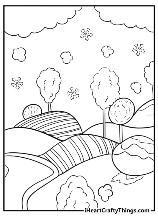 Cotton candy clouds floating above the land coloring page