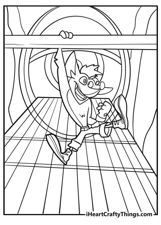 Crash hanging from metal bars in factory level coloring page
