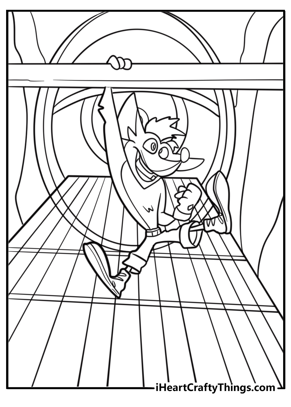 Crash hanging from metal bars in factory level coloring page