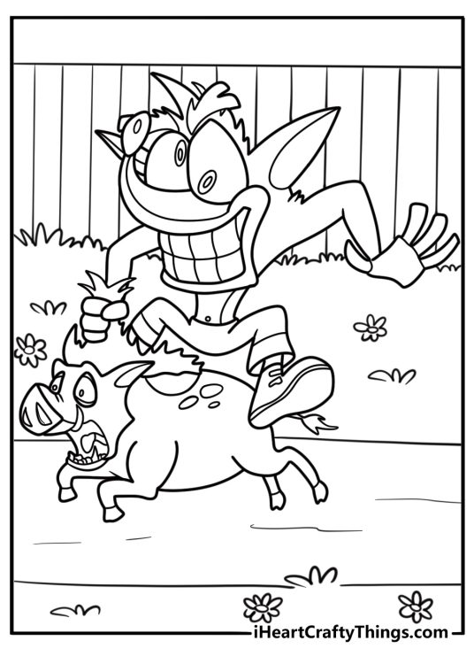 Crash riding a wild hog in a level free coloring page