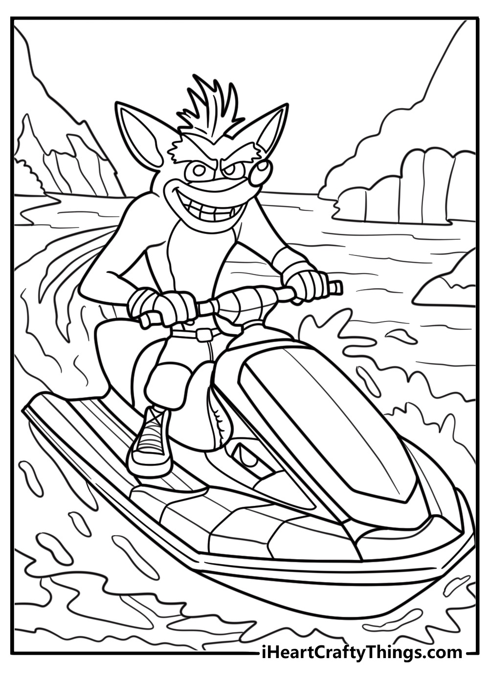 Crash riding jet ski through water course printable coloring page