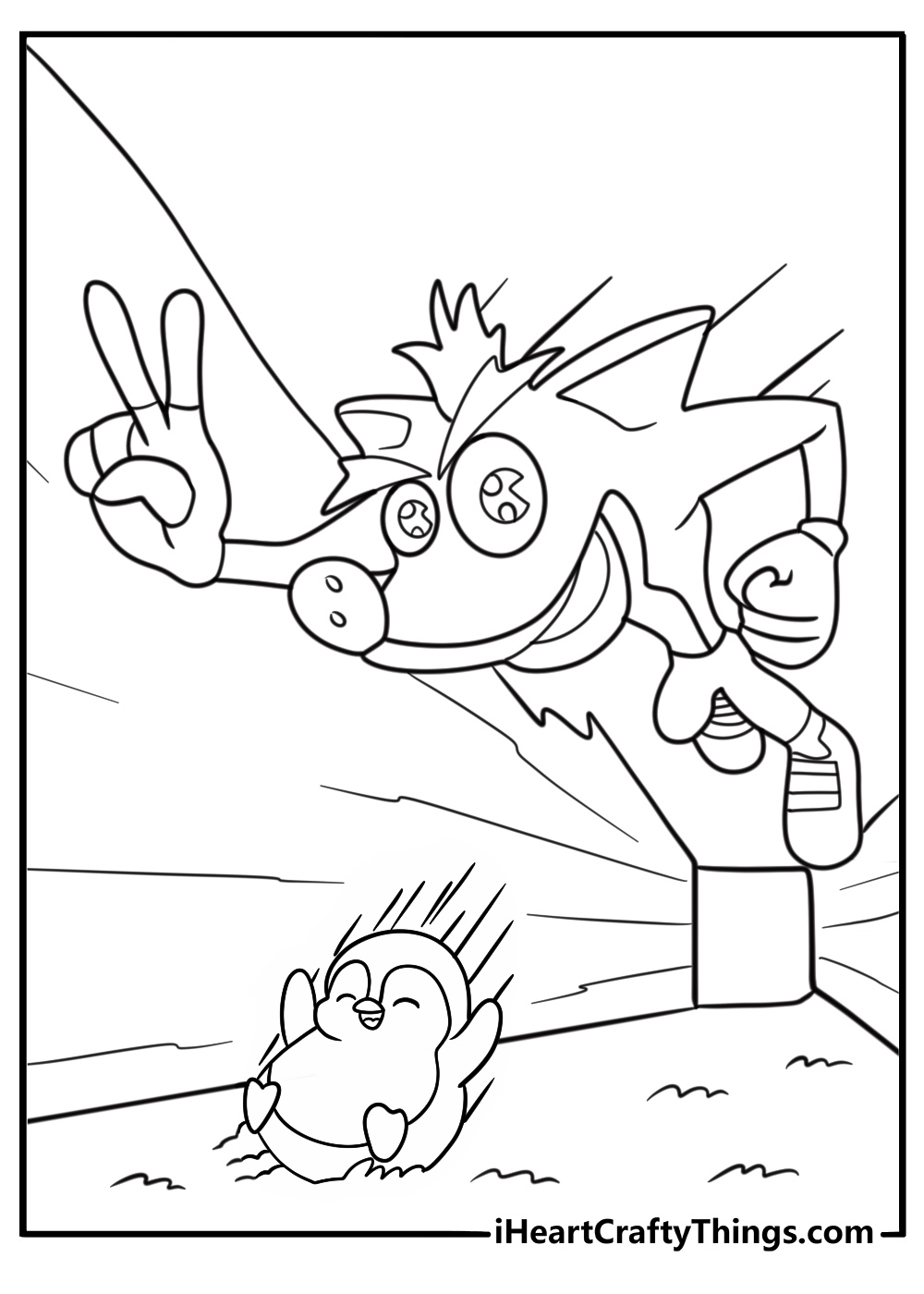 Crash sliding down icy path with penguins coloring sheet