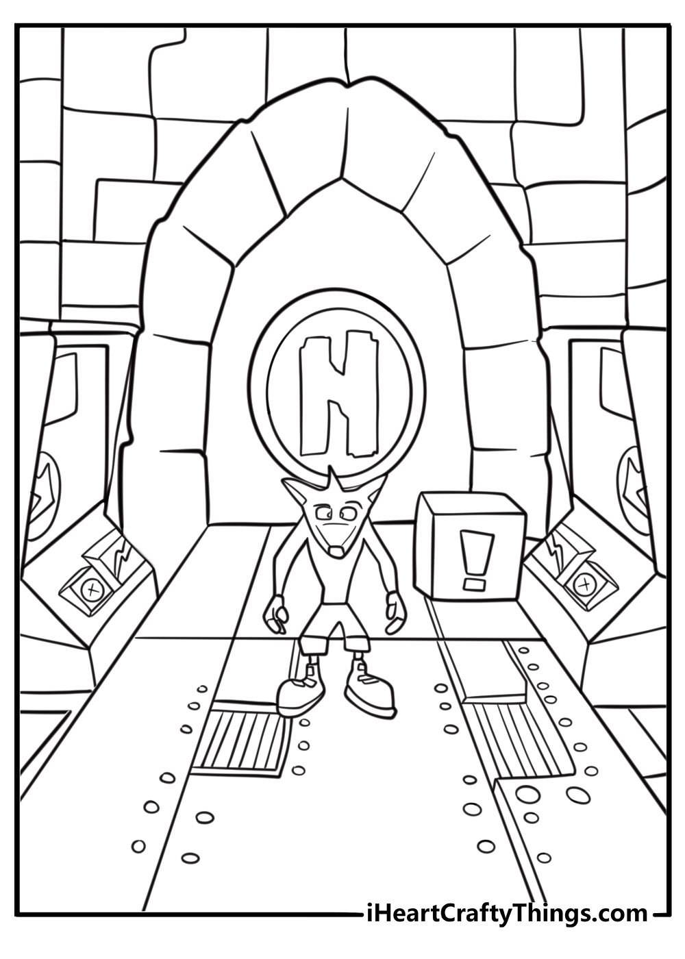 Crash sneaking past lasers in lab level printable coloring sheet