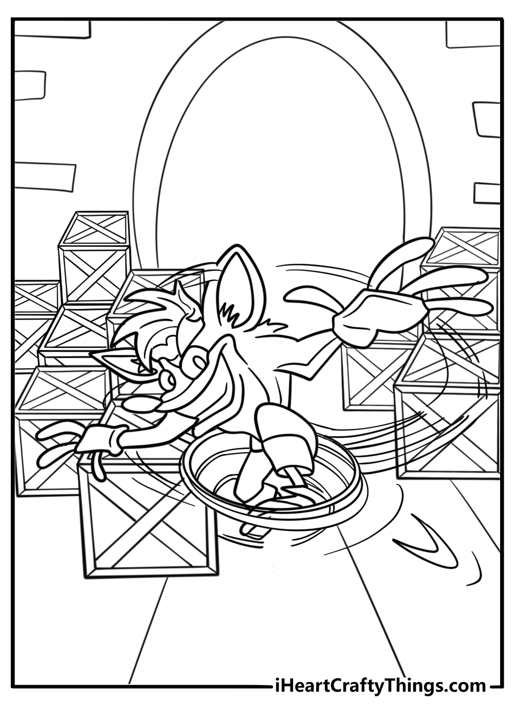 Crash spinning through wooden crates coloring page