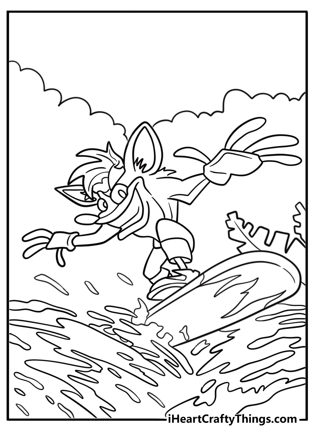 Crash surfing on water board coloring page