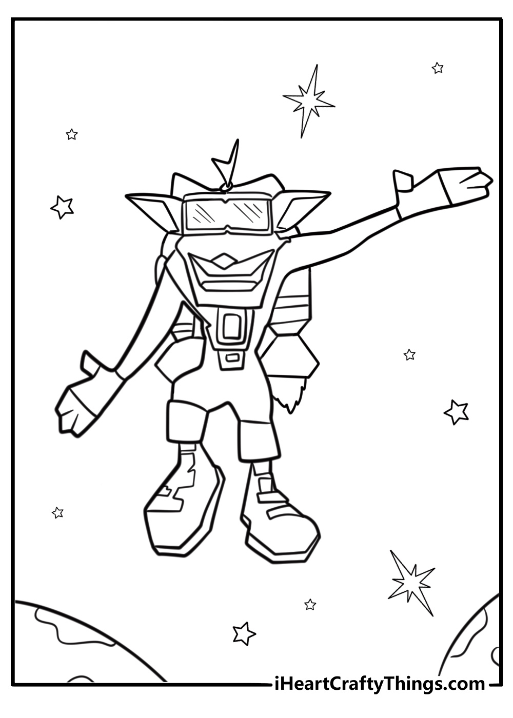 Crash using jetpack in space level printable coloring page