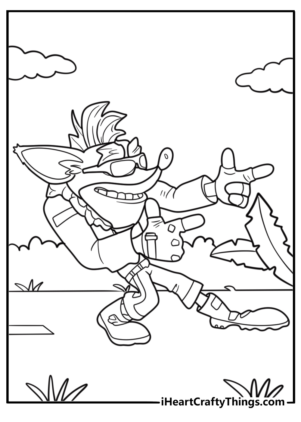 Crash wearing biker outfit from racing level coloring sheet