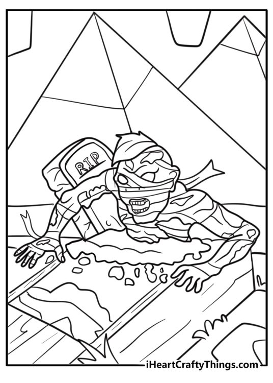 Creepy mummy crawling on the ground coloring sheet