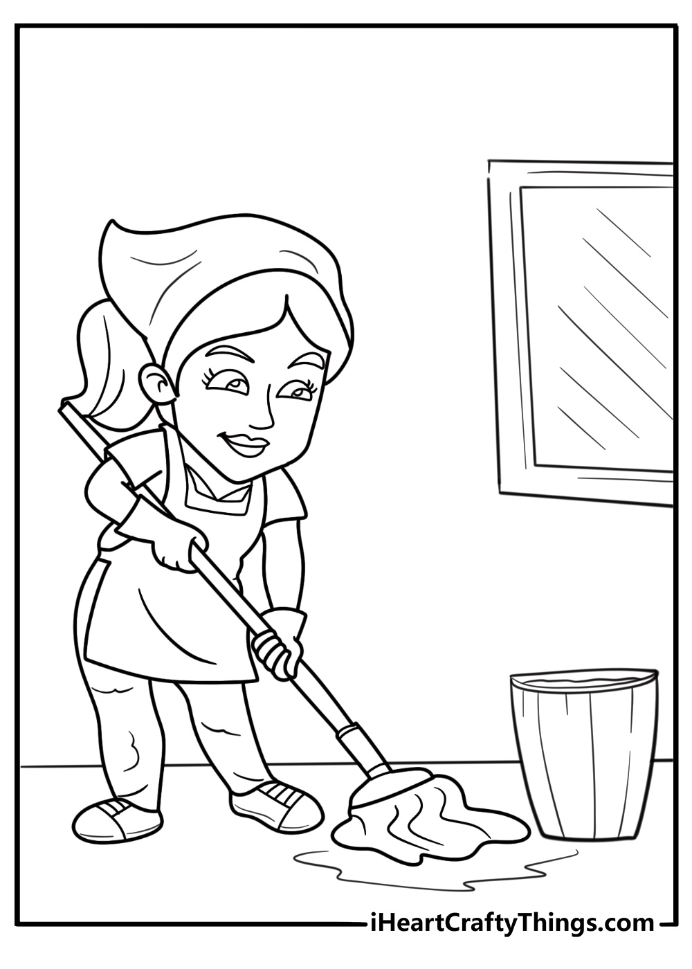 Custodian cleaning a floor with mop printable coloring page