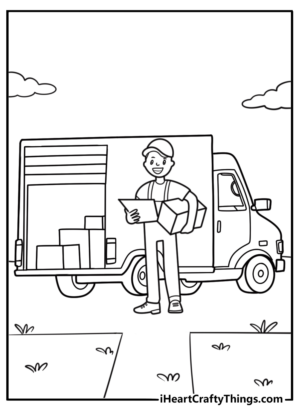 Delivery driver with package near truck coloring sheet