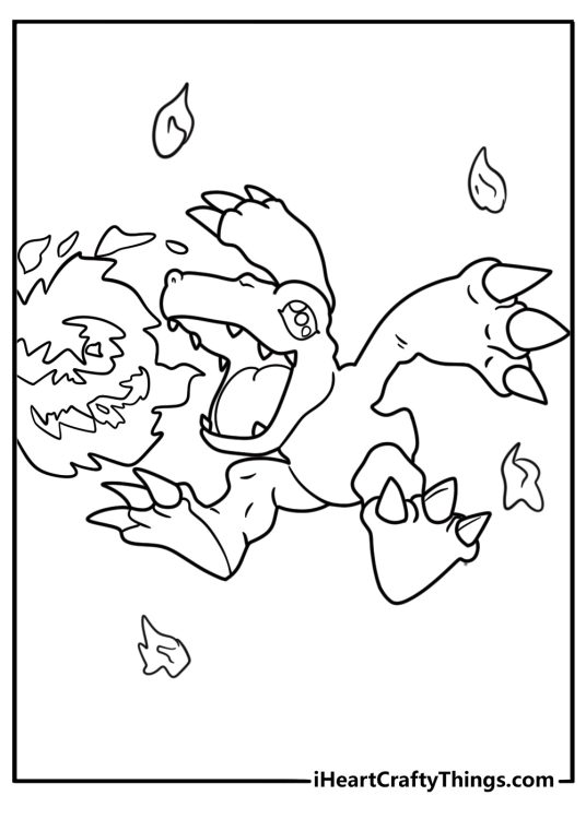 Digimon Agumon breathing fire coloring page for kids