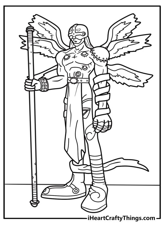 Digimon Angemon with six wings and staff free Digimon coloring page