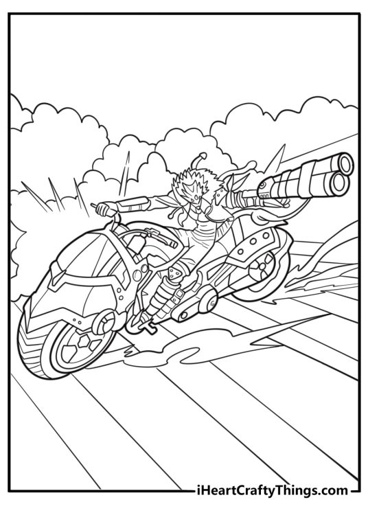 Digimon Beelzemon on motorcycle with blaster detailed coloring sheet