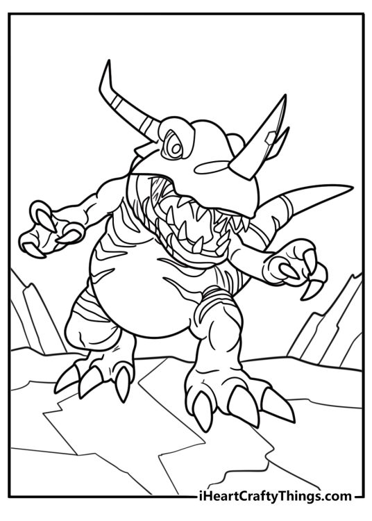 Digimon Greymon roaring with his horned helmet coloring page