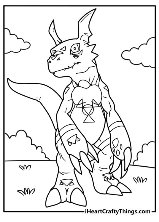 Digimon Guilmon with red scales and hazard symbol printable sheet