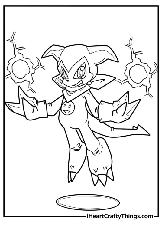 Digimon Impmon with purple scarf and mischievous look coloring page