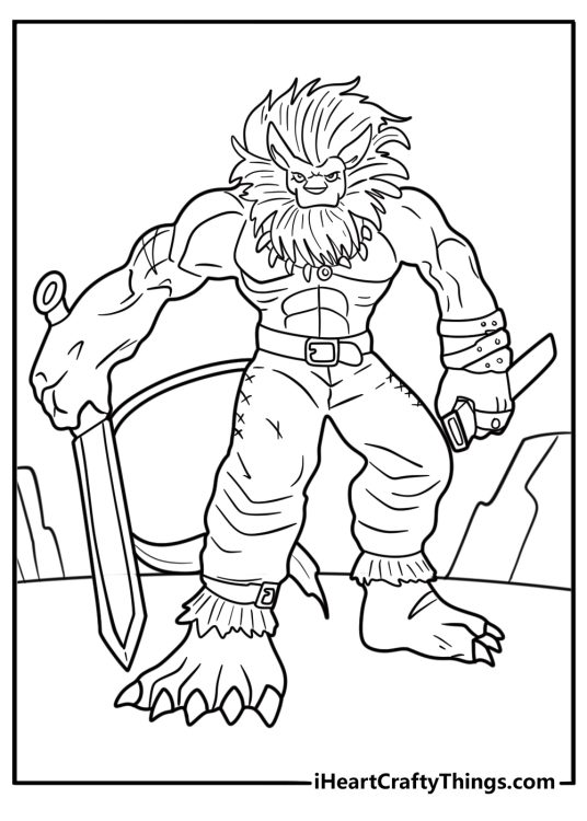 Digimon Leomon with sword and lion mane coloring sheet