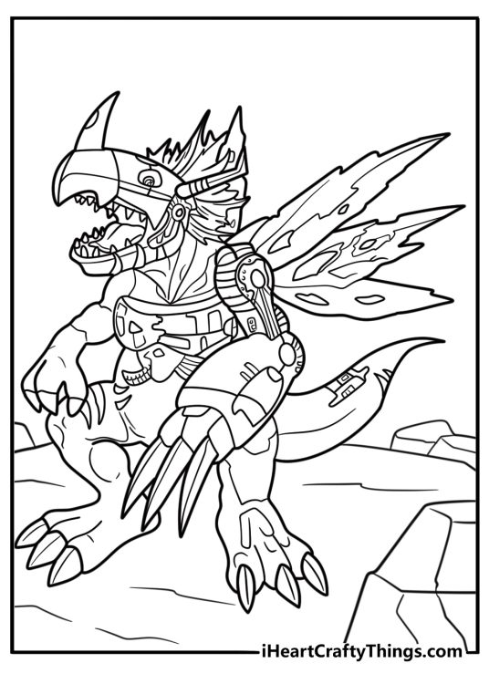 Digimon MetalGreymon with rocket arm and mechanical wings printable sheet