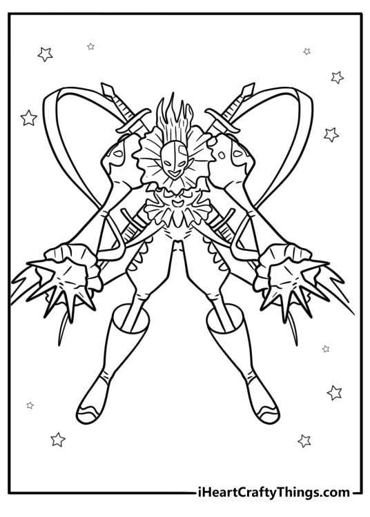 Digimon Piedmon with masks and cape in circus pose coloring page