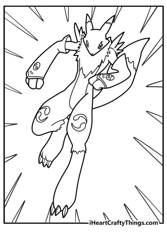 Digimon Renamon with glowing tails in battle pose coloring sheet