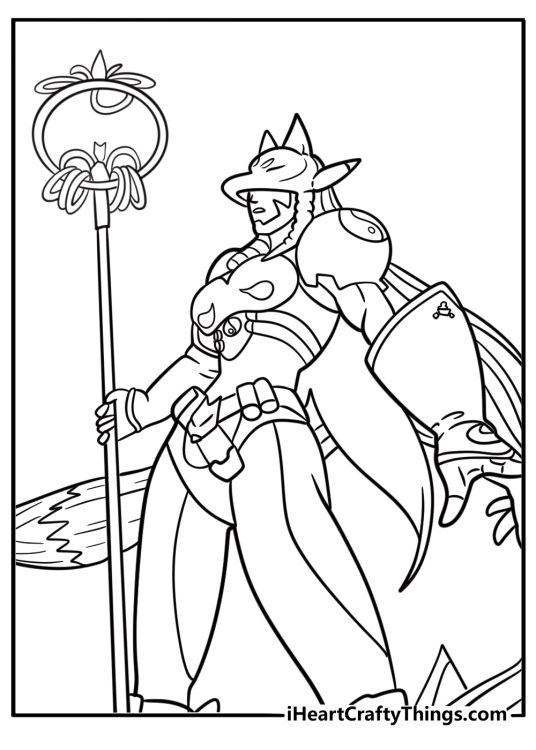 Digimon Sakuyamon with staff and fox mask detailed coloring sheet