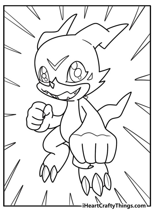 Digimon Veemon in fighting stance with V symbol on forehead coloring sheet