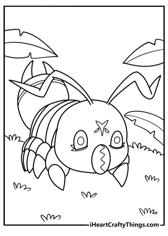 Digimon Wormmon crawling with green body and red eyes free page