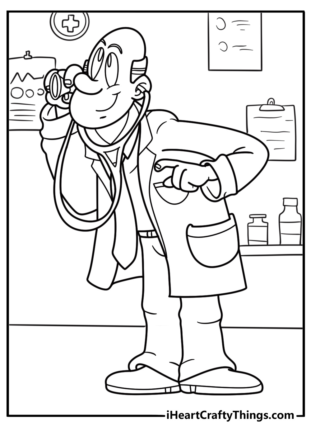Doctor with stethoscope in hospital setting coloring sheet