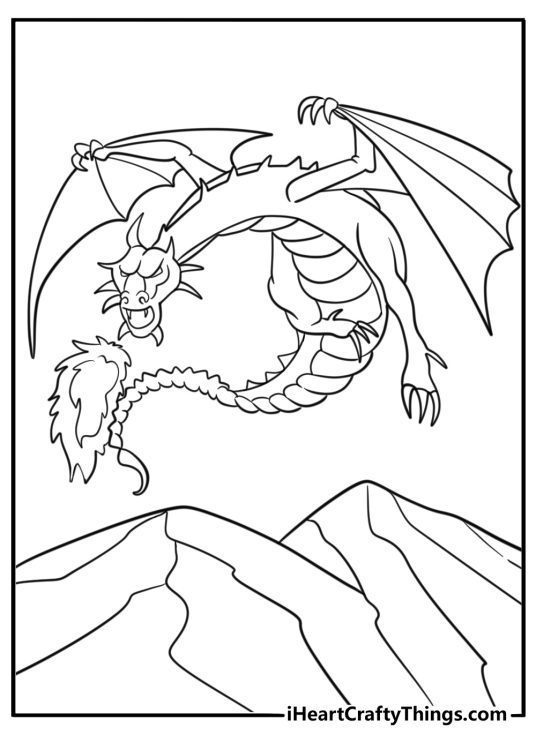 Dragon breathing fire over a mountain coloring page