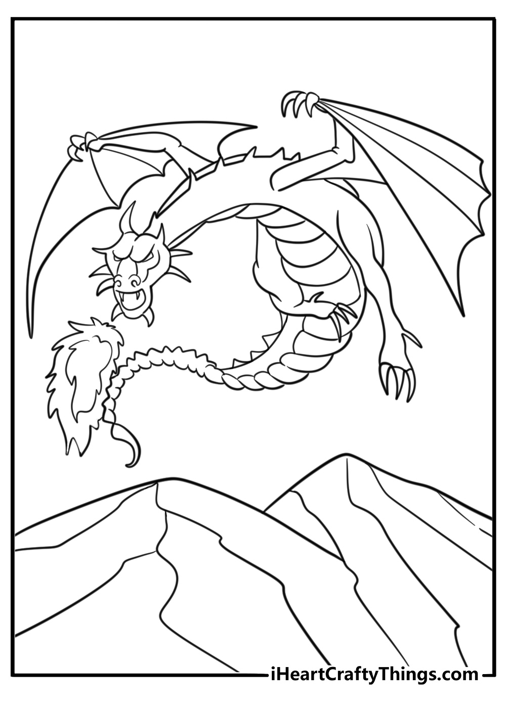 Dragon breathing fire over a mountain coloring page
