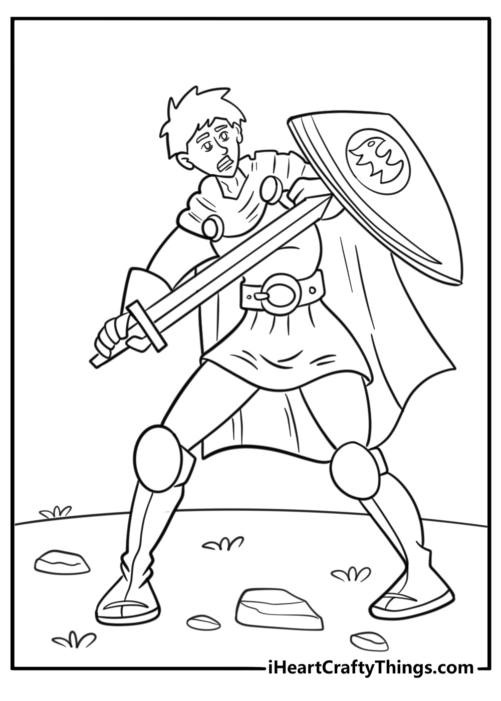 Dragonborn fighter blocking with a large shield coloring page