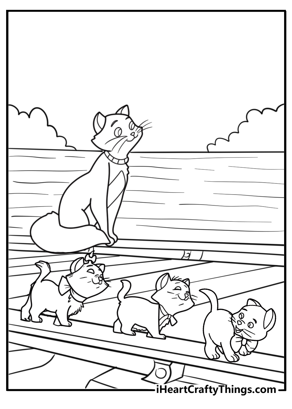 Duchess and her kittens crossing a railroad bridge free coloring page PDF