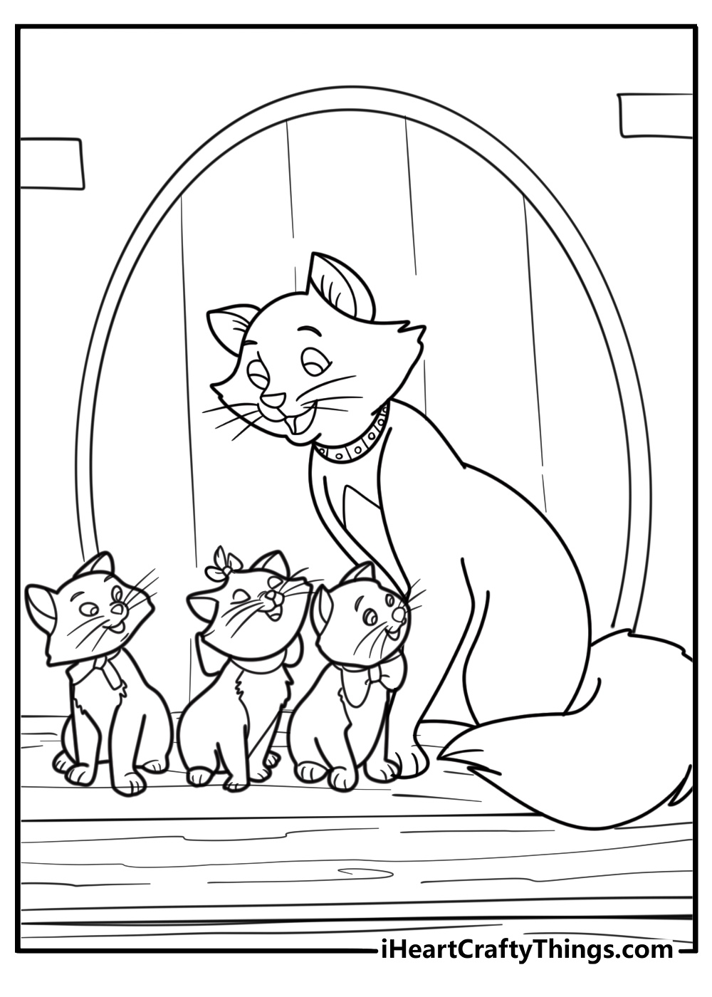 Duchess looking at her kittens inside the mansion coloring page