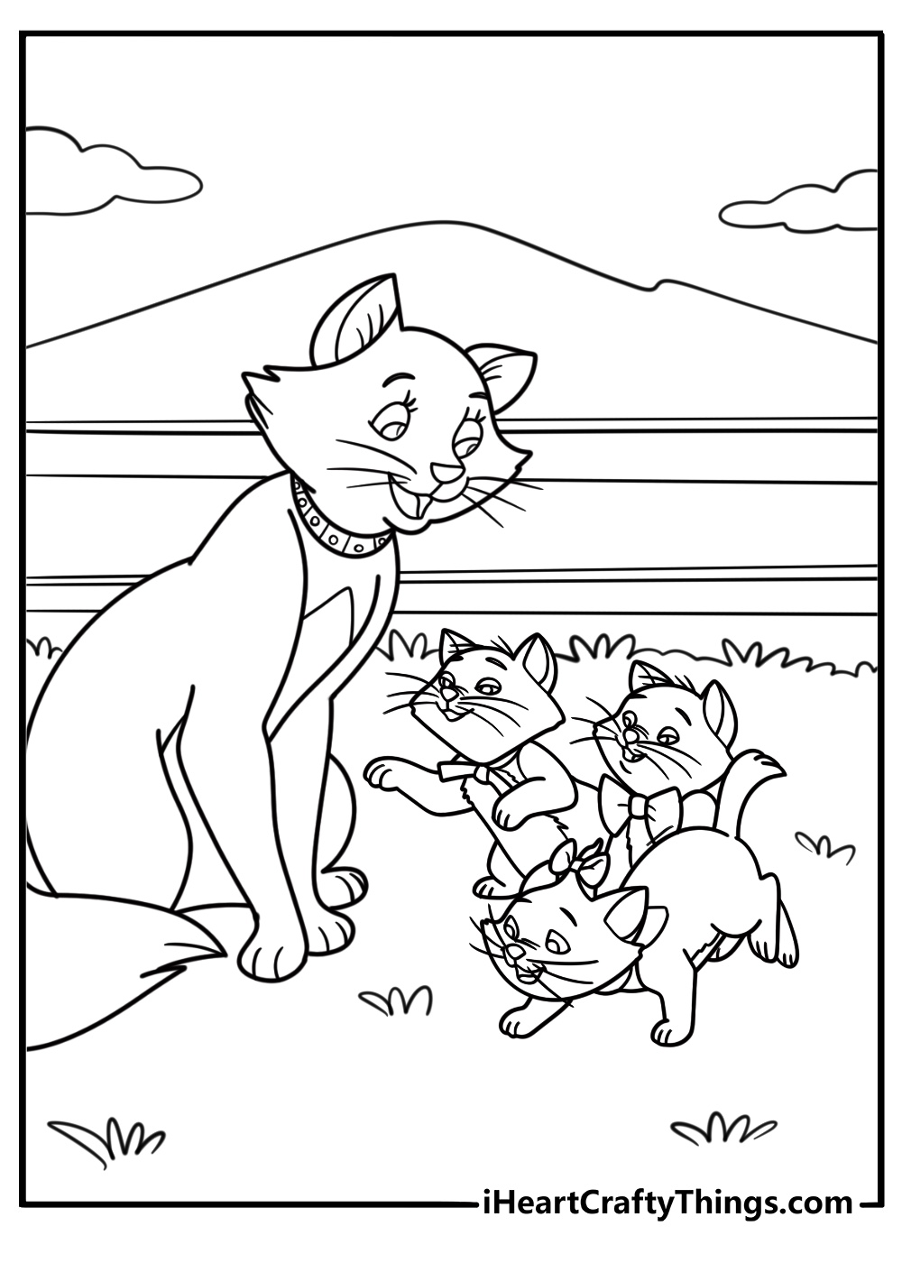 Duchess walking with her kittens coloring page for kids