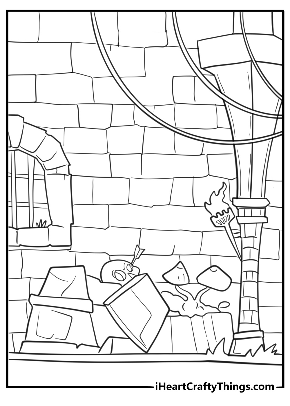Dungeon hallway with torches and traps coloring page