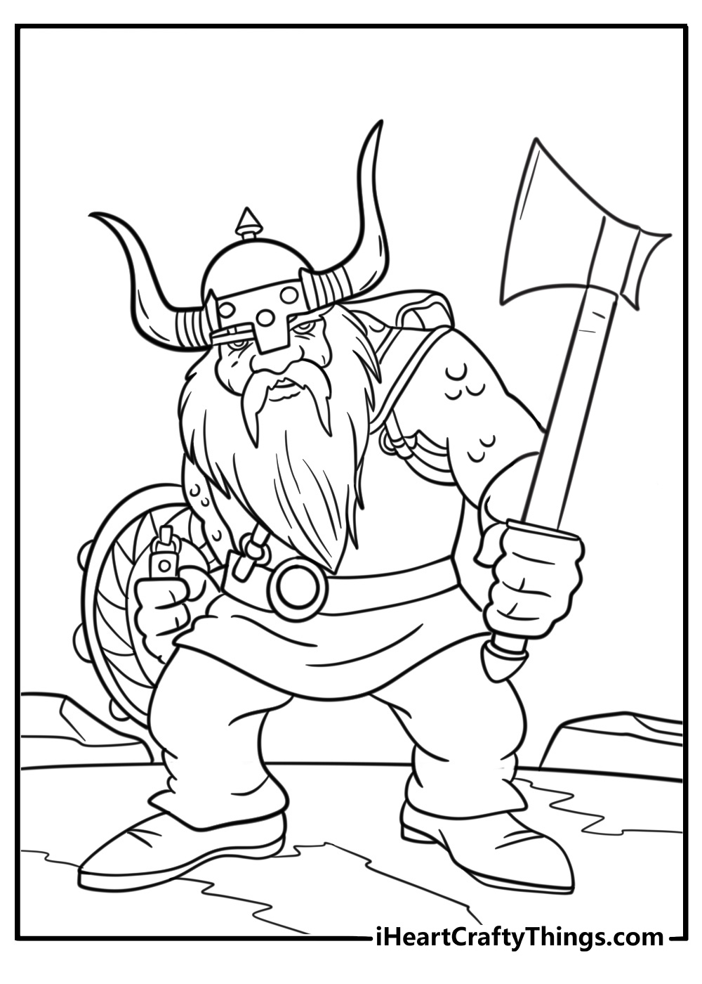 Dwarf holding an axe with a shield coloring page