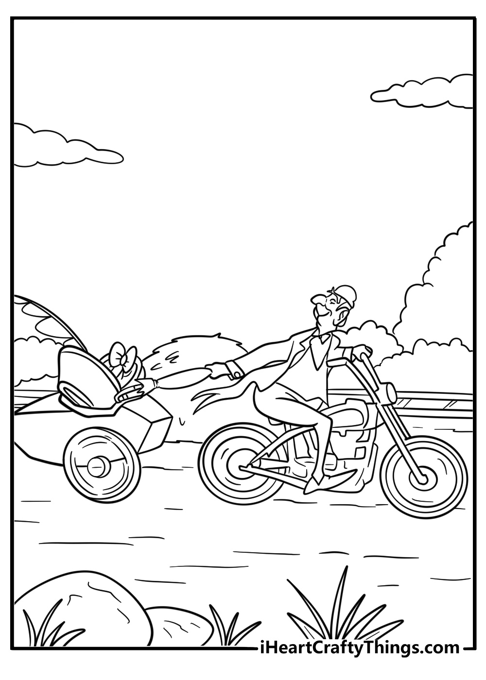 Edgar the butler riding a motorcycle with a basket fun printable coloring sheet