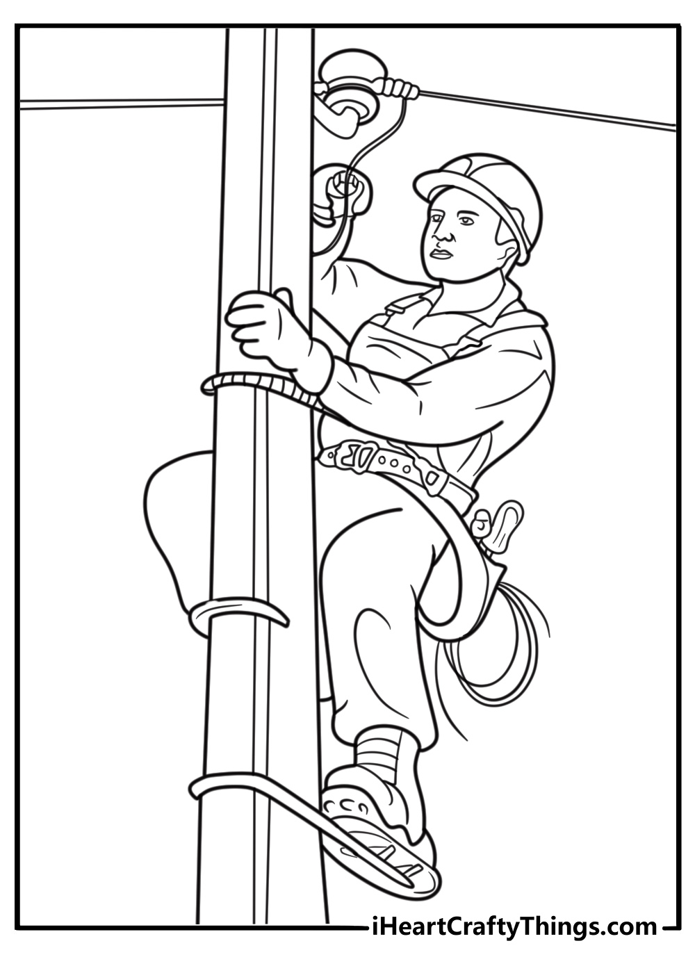 Electrician fixing wires on a pole free printable coloring page