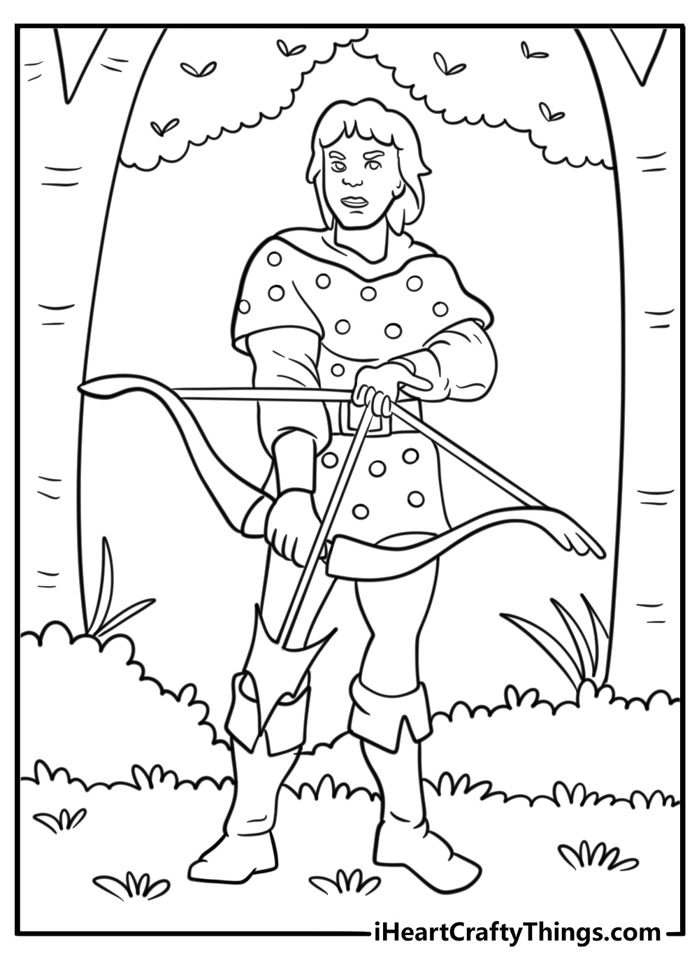 Elf archer aiming a bow in a forest coloring page