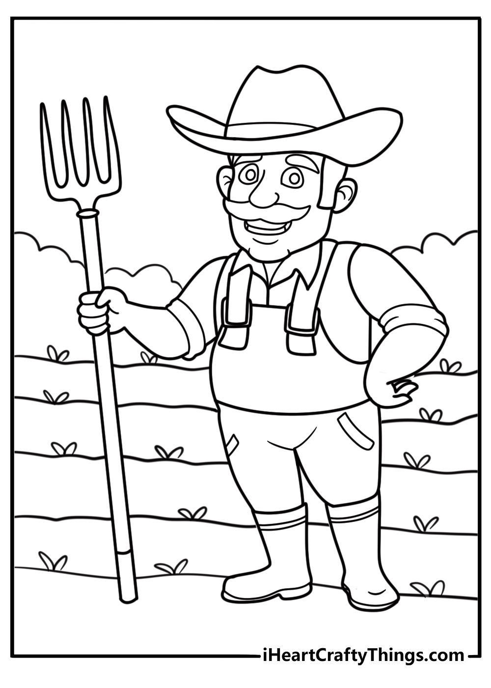 Farmer with pitchfork on a field coloring page