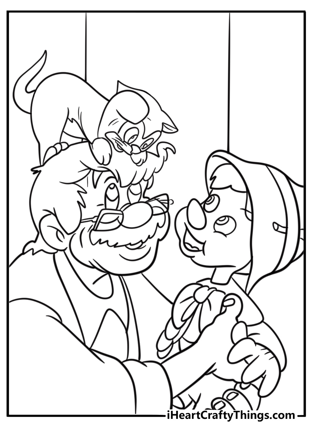 Figaro the cat near Geppetto coloring page