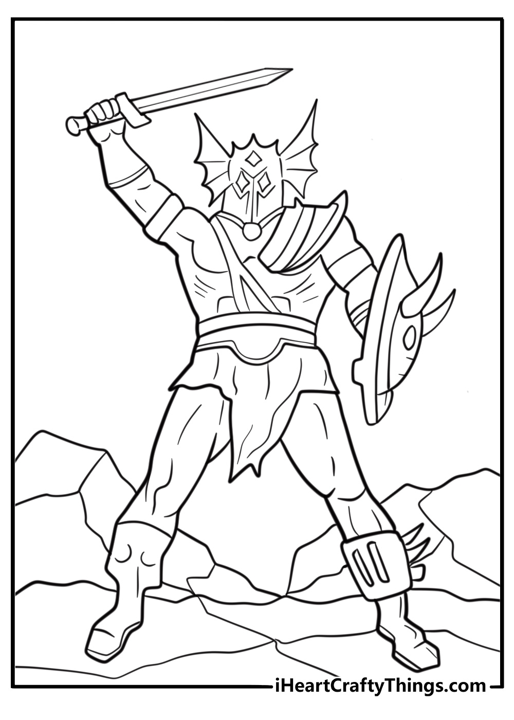 Fighter swinging a sword in heavy armor coloring page