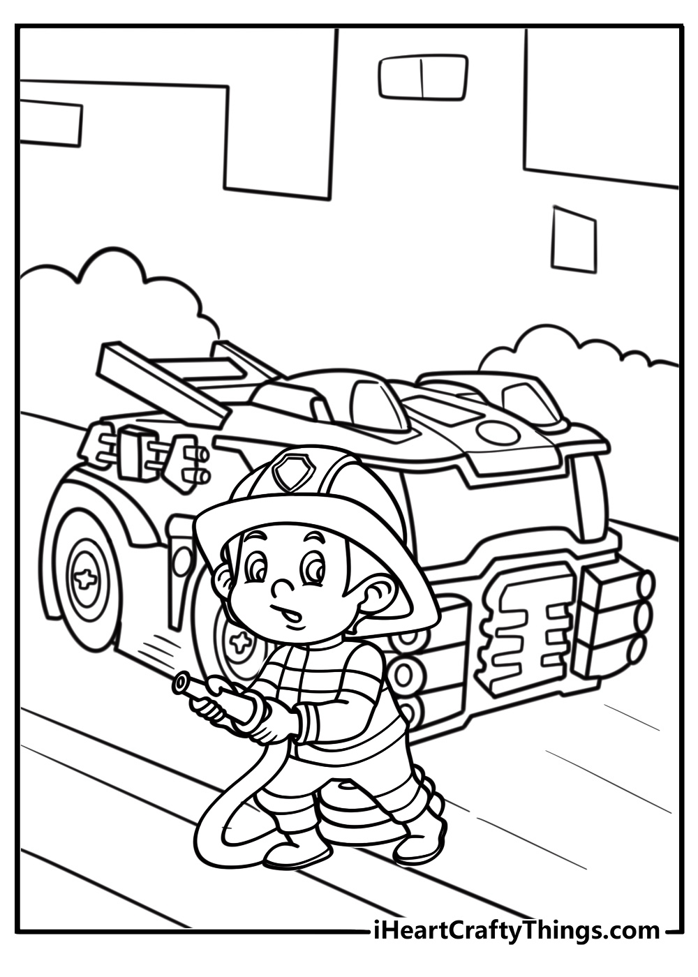 Firefighter standing by fire truck free printable coloring page