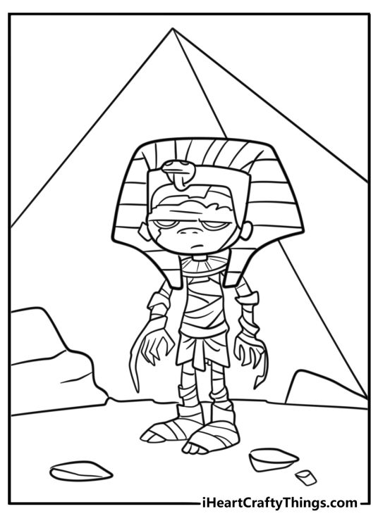 Friendly mummy standing near a pyramid coloring sheet