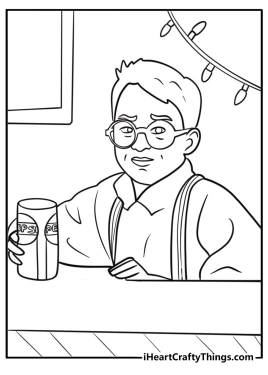 Fuller holding a can of soda with a guilty look coloring sheet
