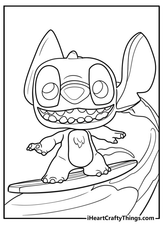 Funko Pop Stitch sitting on a surfboard coloring page
